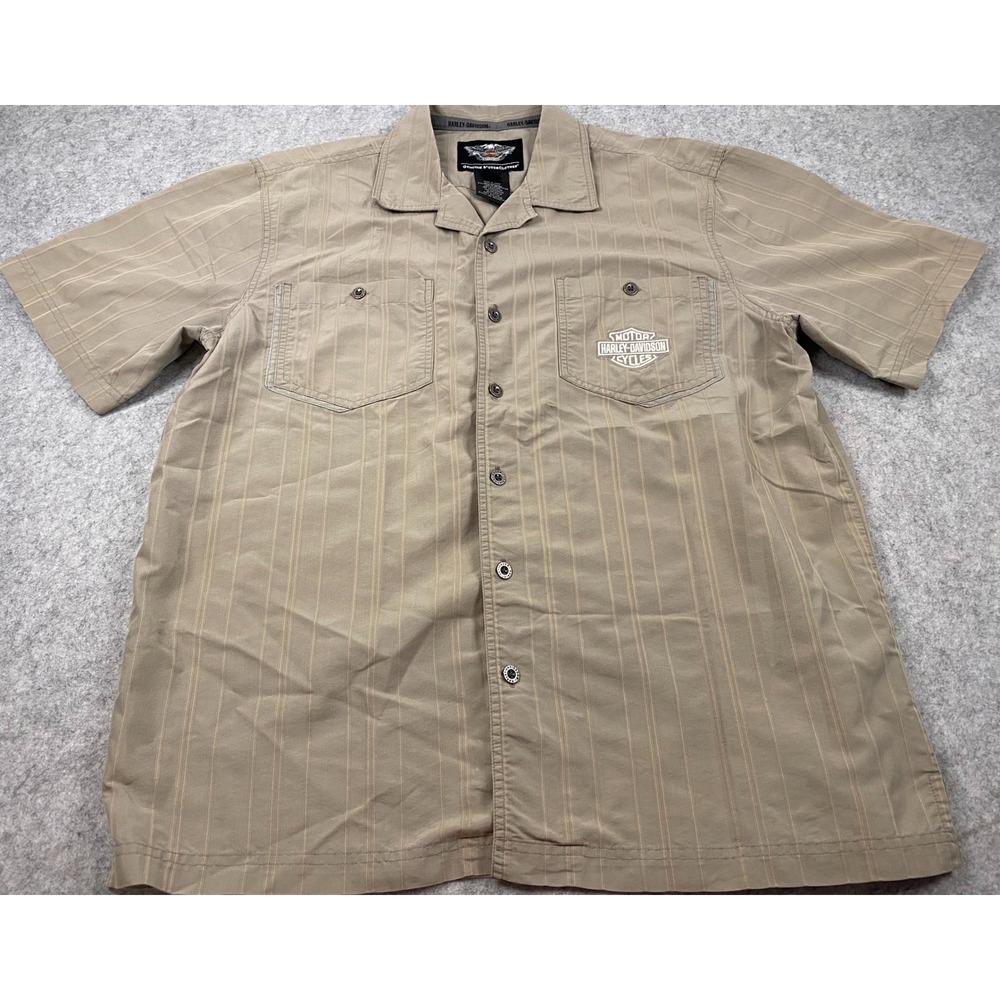 Harley-Davidson Logo Mens Tan Pinstripe Button Up Shirt Short Sleeve Large